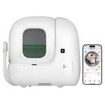 PetKit Pura Max智能自動貓砂盆，白色圓頂設計，附手機App監控介面顯示貓咪影像和數據，帶六角格柵入口