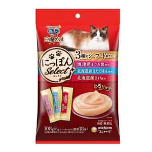 Unicharm Unicharm 貓零食 日本三星銀匙肉泥餐包 金槍魚+扇貝+三文魚 108g (6g*18個入) (粉藍紅)