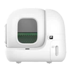 PetKit智能自動貓砂盆，白色圓頂設計，帶六角格柵入口和控制按鈕，附PetKit品牌標誌