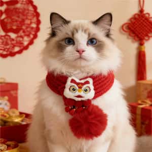 寵物圍巾 新年毛線醒獅發財配飾貓咪圍巾 款式隨機 1套 (圖片4)