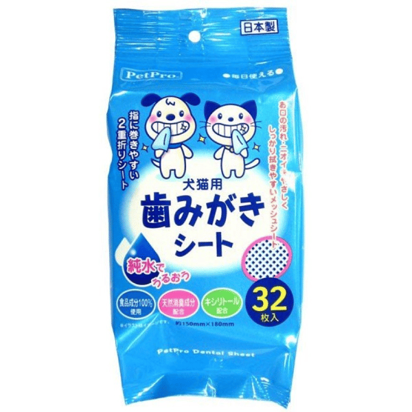 日本PetPro 純淨水使用 寵物潔齒布 32片入 (貓犬用) (藍) (圖片1)