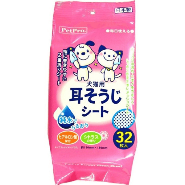 日本PetPro 耳部去耳垢清潔濕紙巾 32枚入 (貓犬用) (粉紅) (圖片1)