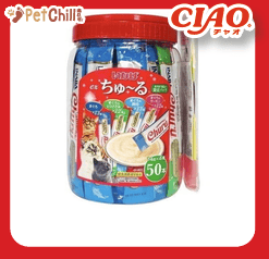CIAO 貓零食 日本綜合三文魚貝柱金槍魚肉醬 14g 50本罐裝 (藍) - 限定品 (圖片1)