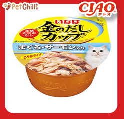 CIAO 貓罐頭 日本金湯鰹味杯 金槍魚．三文魚味 70g (圖片1)
