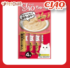 CIAO CIAO 肉泥 貓零食 金槍魚+三文魚肉醬 14g 4本入 14g  正面圖