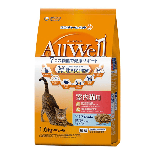 日本Allwell 室內成貓用 減嘔吐機率配方貓糧 綜合魚味 1.6kg (圖片1)