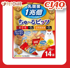 CIAO 貓零食 日本1兆個乳酸菌零食粒 雞肉及金槍魚味 12g 14袋入(紅) (CS-204) (圖片1)