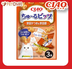 CIAO 貓零食 日本軟心零食粒 宗田鰹魚及宗田鰹魚乾味 12g 3袋入 (橙紅) (CS-179) (圖片1)