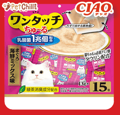 CIAO 貓零食 日本 One Touch 1兆個乳酸菌肉泥杯 金槍魚海鮮混合味 13g 15個入(粉紅) (SC-315) (圖片1)