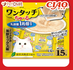 CIAO 貓零食 日本 One Touch 1兆個乳酸菌肉泥杯 雞肉扇貝味 13g 15個入(黃) (SC-317) (圖片1)