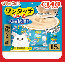 CIAO 貓零食 日本 One Touch 1兆個乳酸菌肉泥杯 鰹魚海鮮味 13g 15個入 (SC-316) (圖片1)