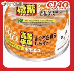 CIAO CIAO 貓罐頭 肉泥貓罐頭 高齡貓 14歲以上 白身金槍魚+白飯魚 75g 75g  正面圖