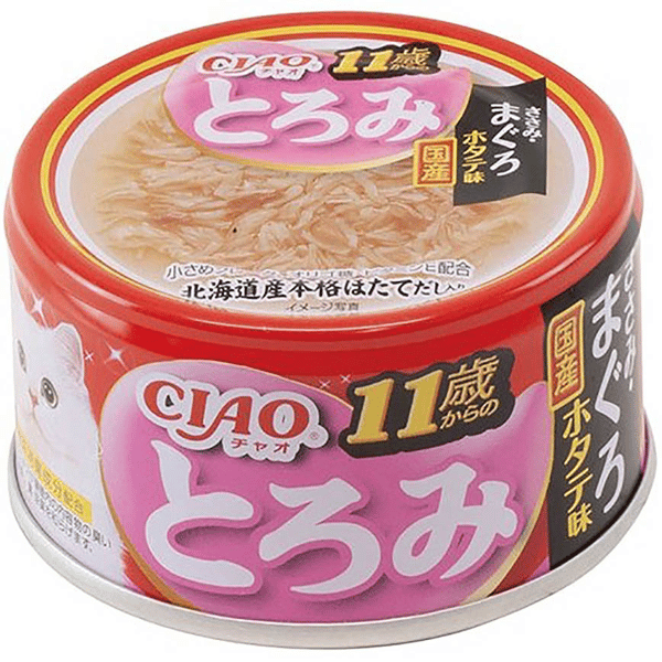 CIAO 貓罐頭 11歲以上 濃湯金槍魚+雞肉+扇貝 80g (紅粉) (A-46) (圖片1)