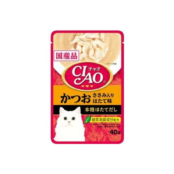 CIAO 貓濕糧 日本湯底軟包系列 鰹魚+雞肉+扇貝 40g (紅橙) (IC-203) (圖片1)