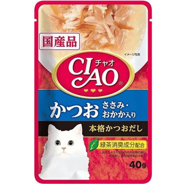 CIAO 貓濕糧 日本湯底軟包系列 鰹魚+雞肉+鰹節 40g (紅藍) (IC-204) (圖片1)