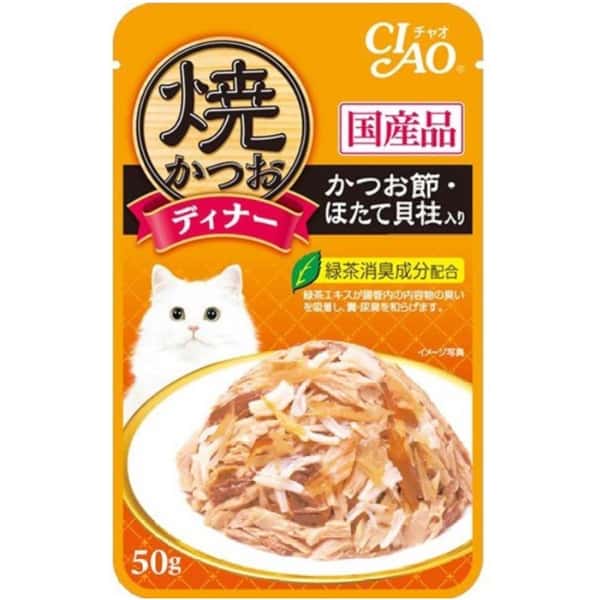 CIAO CIAO 貓濕糧 日本燒鰹魚晚餐包 鰹魚+扇貝 50g 50g 正面圖