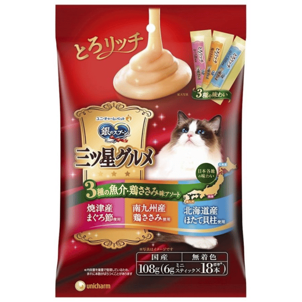Unicharm 貓零食 日本三星銀匙肉泥餐包 綜合營養 金槍魚+鰹魚+雞肉 108g (6g*18個入) (粉紫橙) (新舊包裝隨機發貨) (圖片3)