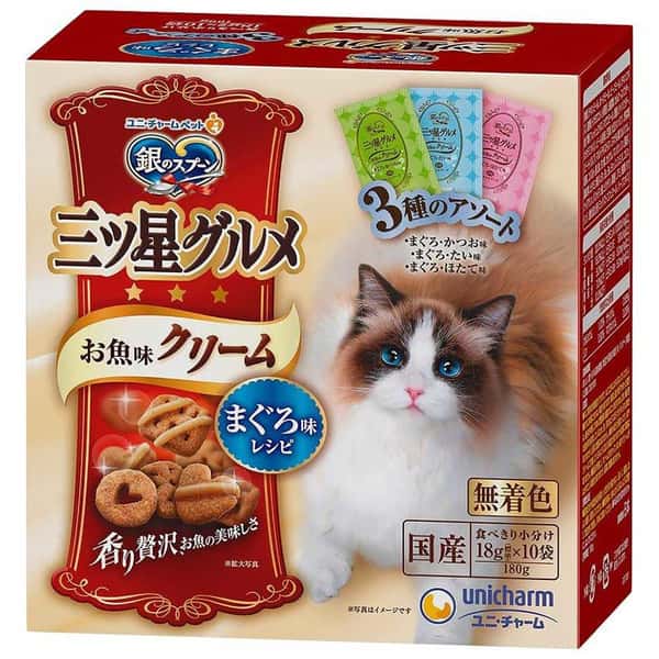 Unicharm Unicharm 貓零食 日本三星銀匙貓脆餅 混合裝 金槍魚+鰹魚及鯛魚及扇貝 180g 180g 正面圖