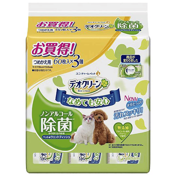 Unicharm 日本無酒精成分 除菌濕紙巾 60枚 3包入 (貓犬用) (圖片1)