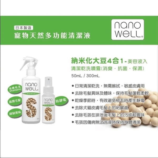 Nanowell 寵物天然納米化大豆4合1清潔乾洗噴霧 (美容液入-消臭.抗菌.保濕) 50ml (91602623) (圖片3)
