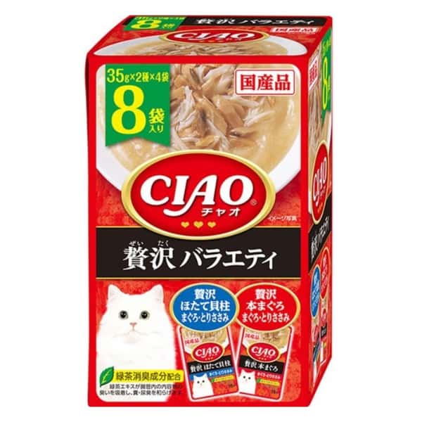 CIAO CIAO 貓濕糧 極上扇貝金槍魚雞肉+極上金槍魚雞肉 35g 8袋入 35g 正面圖