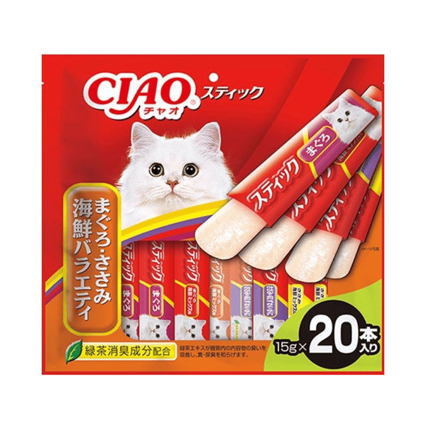 CIAO 貓零食 日本啫喱果凍棒 金槍魚+金槍魚海鮮+雞肉女王蟹+雞肉海鮮 15g 20本入 (圖片1)