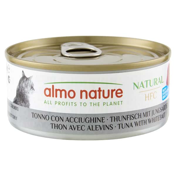 Almo Almo Nature HFC 貓罐頭 天然系列 吞拿魚+白飯魚 150g 150g  正面圖