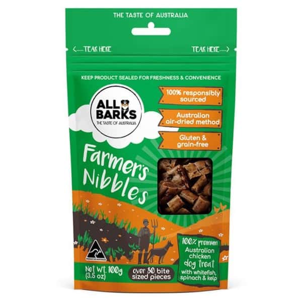 All All Barks Farmer's Nibbles 雞肉白魚粒粒狗小食 100g 100g 正面圖