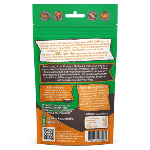 All All Barks Farmer's Nibbles 雞肉白魚粒粒狗小食 100g 100g 背面圖