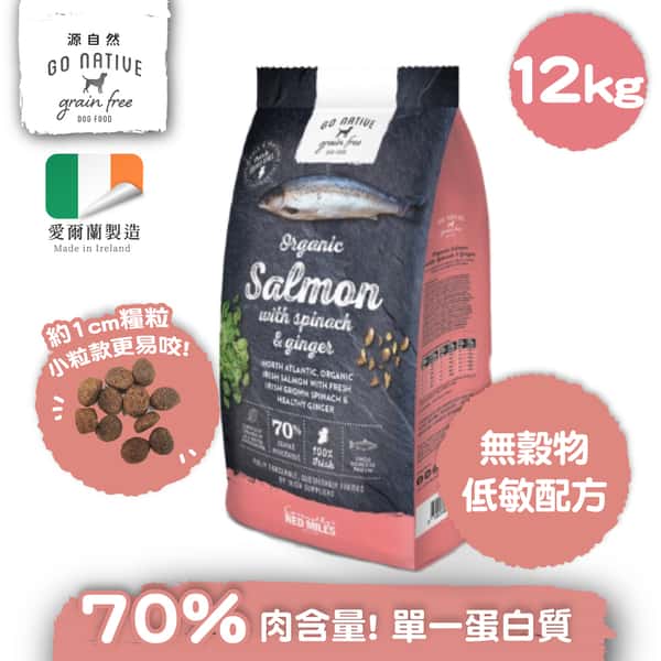 Go Go Native 愛爾蘭冠軍 頂級無穀物單一蛋白低敏狗糧 成犬三文魚 12kg 12kg  正面圖