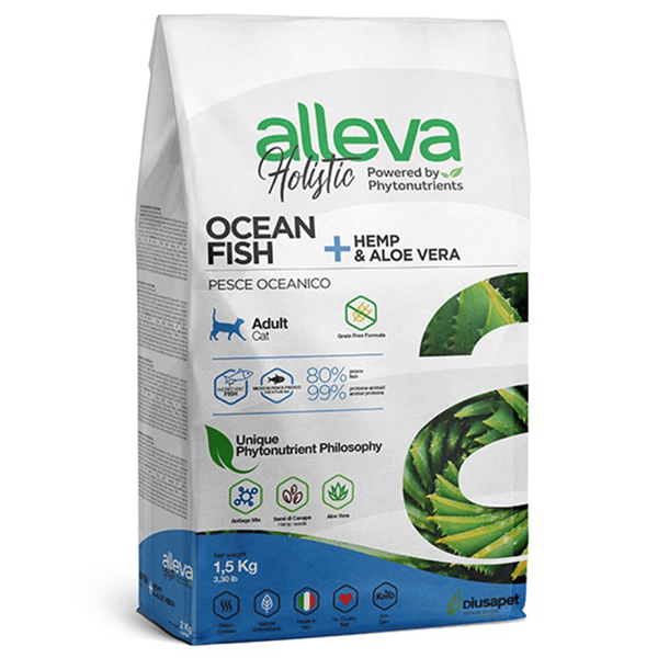 alleva alleva 草本呵護完整配方貓乾糧 成貓 海魚 1.5kg 5kg  正面圖