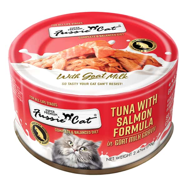 Fussie Cat 貓罐頭 主食罐 極品吞拿魚 + 三文魚 Tuna with Salmon Formula in Goat Milk Gravy 70g (FUM-GRC) (圖片1)