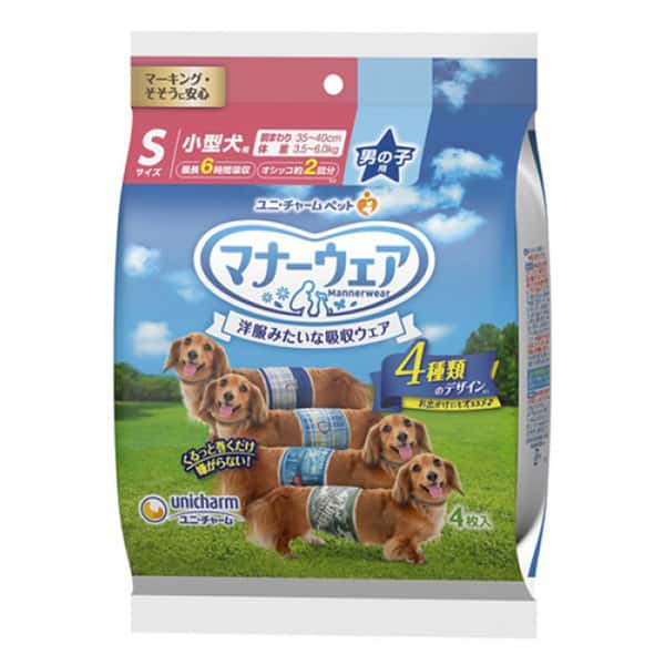 Unicharm Unicharm 公⽝⽤禮儀褲-S-碼 3.5-6kg 35-40cm 4片 6kg 正面圖