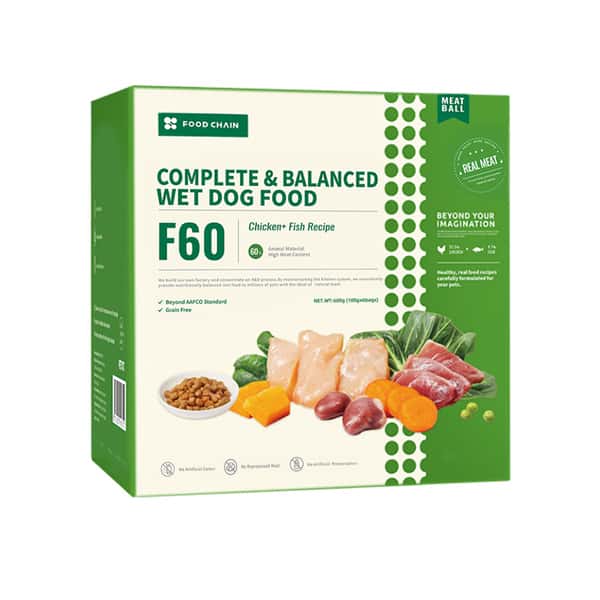 FOOD FOOD CHAIN F60成⽝全營養低溫鮮煮主⻝糧 雞⾁+吞拿⿂ 100g 6包裝 100g  正面圖