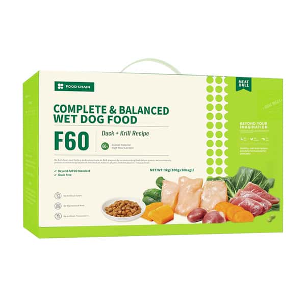 FOOD FOOD CHAIN F60成⽝全營養低溫鮮煮主⻝糧 鴨⾁+磷蝦 100g 30包裝 100g  正面圖