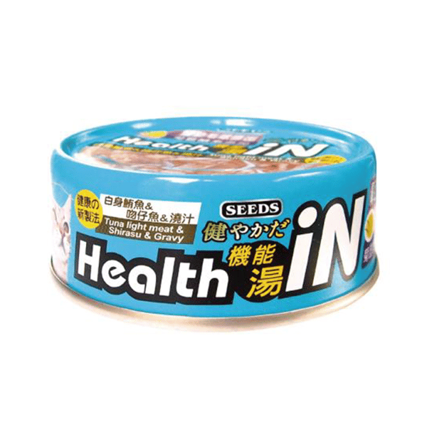 SEEDS SEEDS 貓罐頭 Health iN機能鮪⿂湯罐 ⽩身鮪⿂+吻仔⿂+菊苣醣素 80g 80g 正面圖