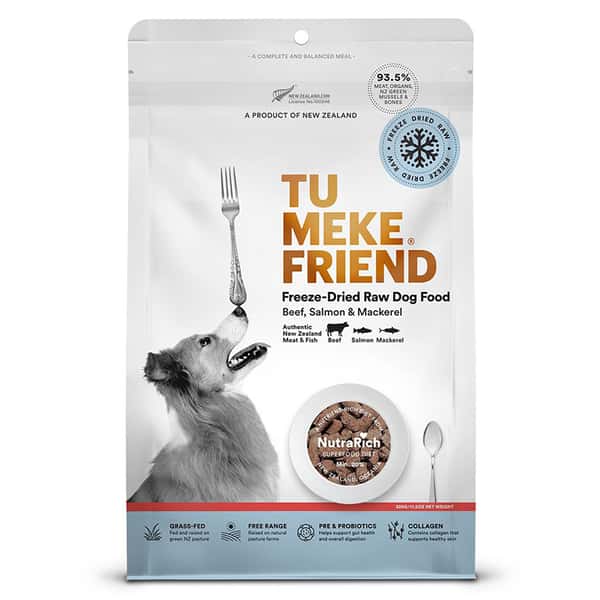 TU TU MEKE FRIEND 狗糧 超級食品風乾狗糧 ⽜⾁三⽂⿂鯖⿂ 320g 320g 正面圖