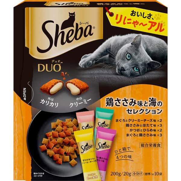 Sheba Sheba Duo 貓零食 日本貓貓夾心酥 精選雞柳及海鮮味 20g 10袋入 20g 正面圖