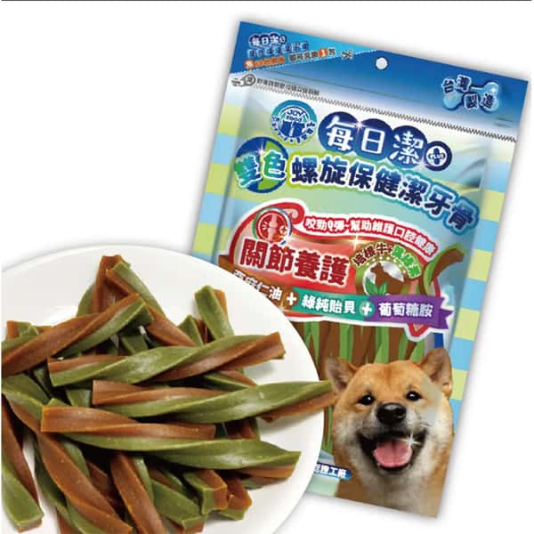 每日潔 每日潔 雙色螺旋保健潔牙骨 袋裝 關節養護 培根牛+葉綠素 300g 300g 正面圖