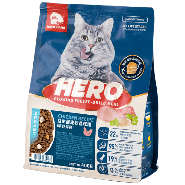 HeroMama HeroMama 貓糧 益生菌晶球糧 全齡曠野鮮雞 400g 400g  正面圖