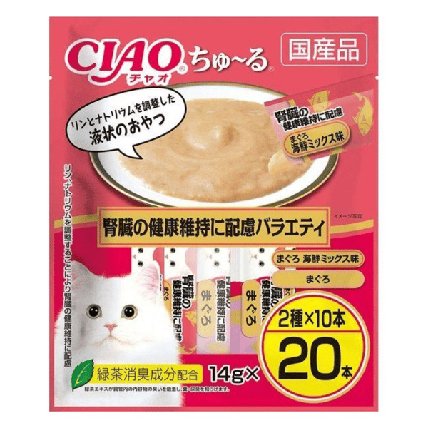 CIAO 肉泥 貓零食 腎臓健康維持 金槍魚什錦海鮮肉醬 14g 20本袋裝 (DSC-10) (圖片1)