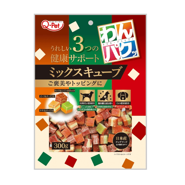 日本Q-Pet 日本Q-Pet 狗小食 WanPaku 雞肉+芝士/牛肉+奶/椰菜+菜粒 300g 300g 正面圖