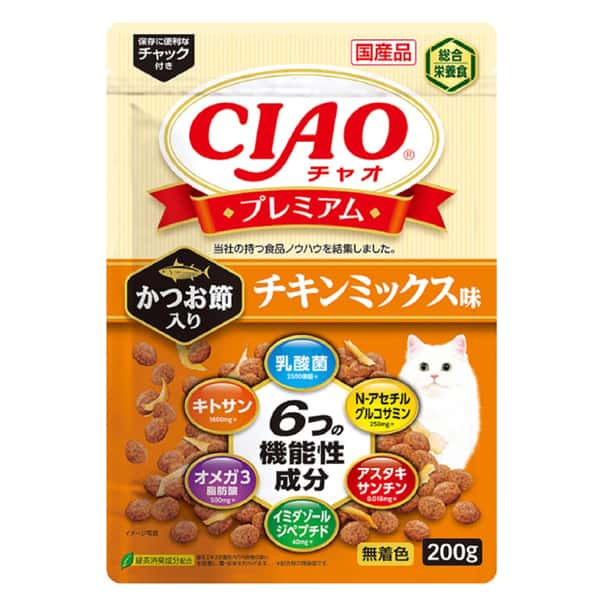 CIAO CIAO 貓糧 頂級乾糧 木魚+雞肉味 200g 200g  正面圖