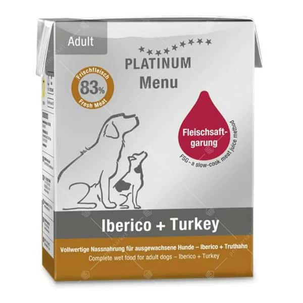 PLATINUM PLATINUM 狗濕糧 無穀物成犬配方 西班牙黑毛豬+火雞 375g 375g  正面圖