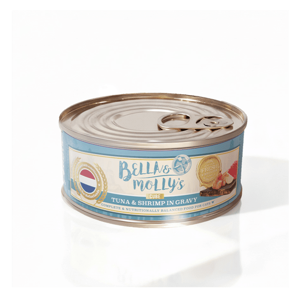 Bella & Molly's Bella & Molly's 荷蘭罐 貓罐頭 AAFCO 主食罐 關節健康 蝦肉及吞拿魚肉塊 156g 156g 正面圖