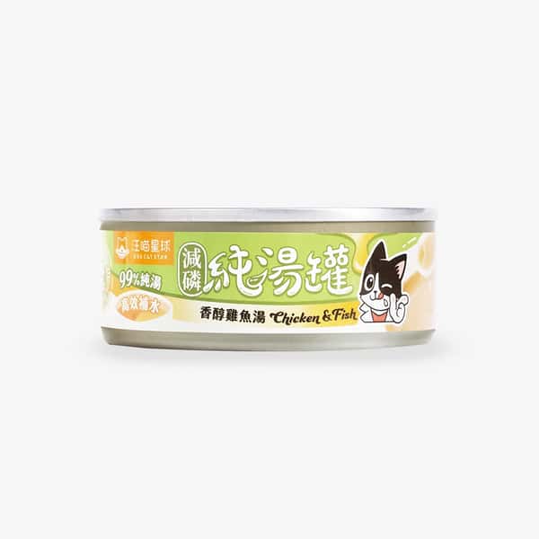 汪喵星球 汪喵星球 貓罐頭 DogCatStar 無膠慢燉純湯罐 香醇雞魚湯 減磷配方 80g 80g 正面圖