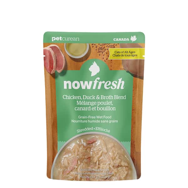 now now FRESH 無穀貓濕糧 全年齡貓配方 雞肉及鴨肉肉絲湯包 2.5oz 5oz  正面圖