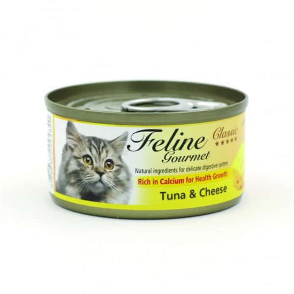 Feline Feline Gourmet 貓罐頭去毛球配方 吞拿魚及芝士 80g 80g 正面圖