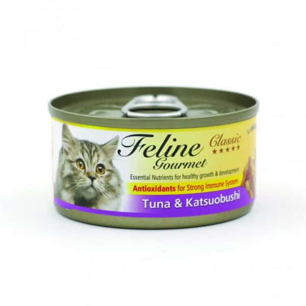 Feline Feline Gourmet 貓罐頭去毛球配方 吞拿魚及柴魚 80g 80g 正面圖
