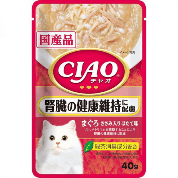 CIAO 貓濕糧 日本腎臓健康維持配慮軟包系列 金槍魚・雞肉・扇貝味 40g (紅粉紅) (IC-321) (圖片1)